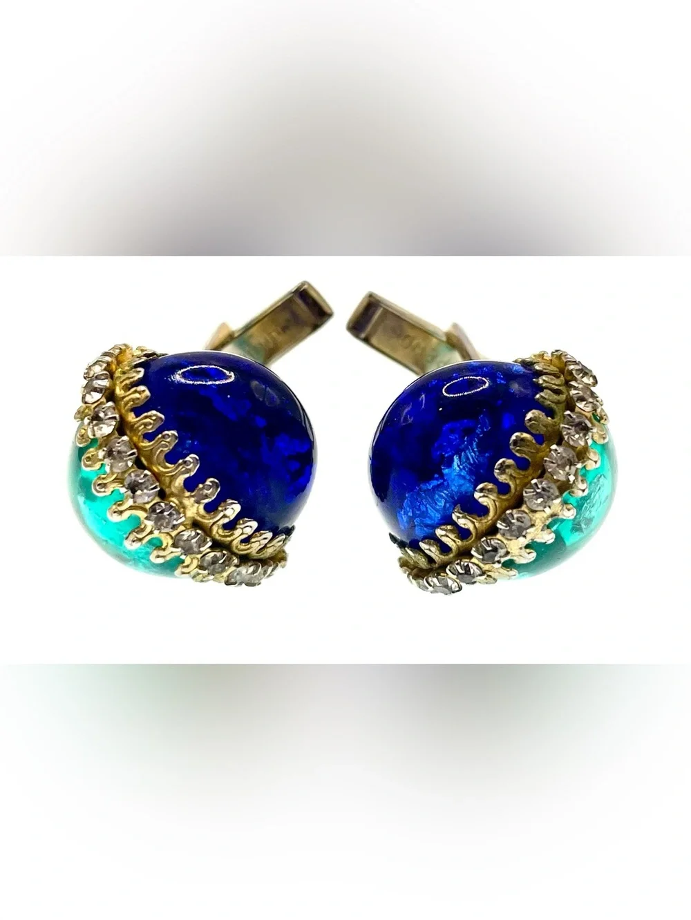 Vintage Blue Green Art Glass Rhinestone Gold Tone Cufflinks MCM Statement